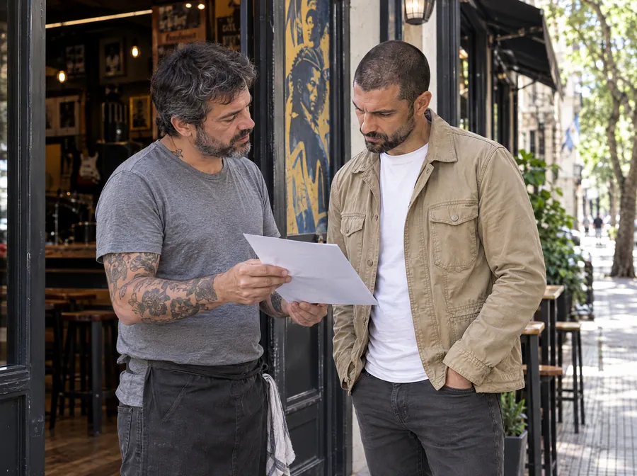 El dueño de un bar le muestra al especialista de Estudio TREO la intimación que recibió, y la leen juntos en la puerta del local