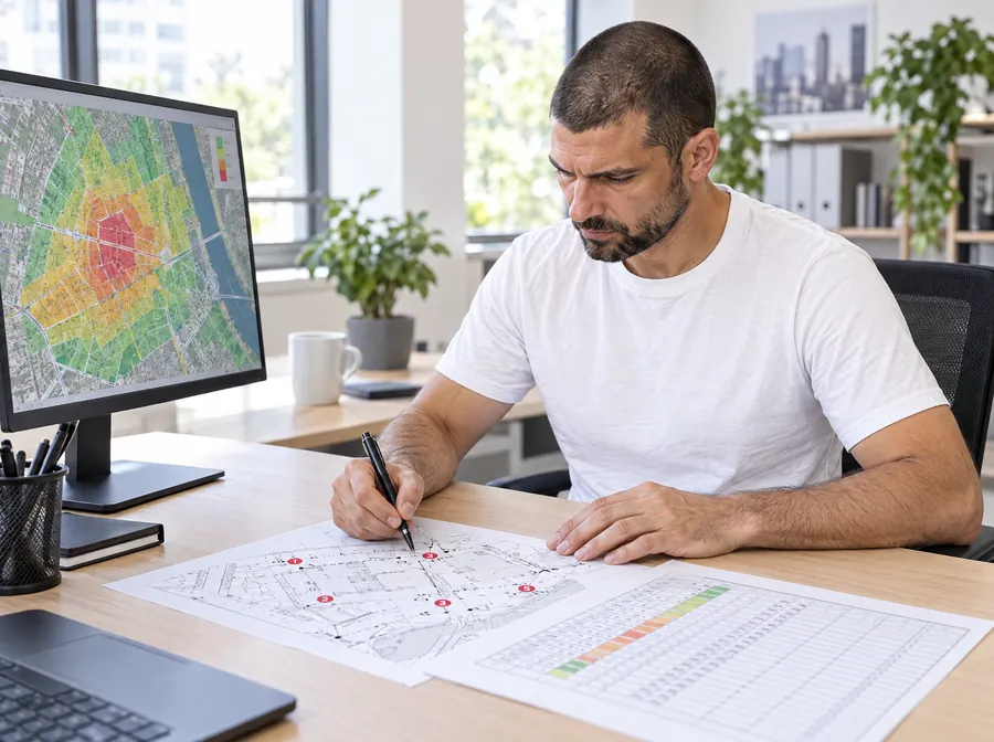 El especialista de Estudio TREO marca los puntos de medición sobre el croquis del local, con un mapa de niveles sonoros del barrio en la pantalla